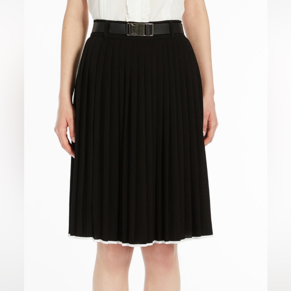 Max Mara Studio Savana Black Pleated Skirt w White Trim Sz 12 NWT